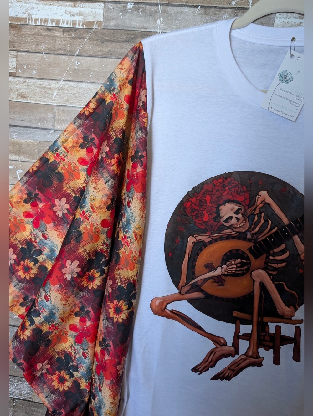Jerry Garcia Graphic W Boho Floral Bat Winged Sleeves Top - Picture 5 of 15
